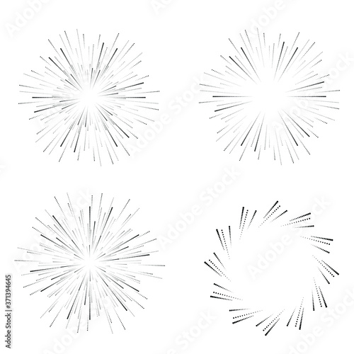 Radial halftone dots in Circle Form for comic books . fireworks Explosion background . Vector Illustration . Starburst round Logo . Circular Design element . Abstract Geometric star rays . Sunburst .