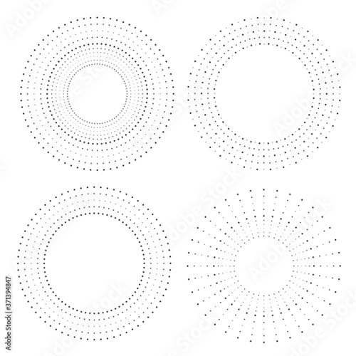 Radial halftone dots in Circle Form for comic books . fireworks Explosion background . Vector Illustration . Starburst round Logo . Circular Design element . Abstract Geometric star rays . Sunburst .