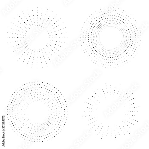 Radial halftone dots in Circle Form for comic books . fireworks Explosion background . Vector Illustration . Starburst round Logo . Circular Design element . Abstract Geometric star rays . Sunburst .