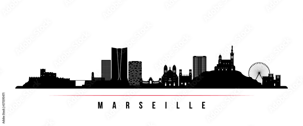 Marseille skyline horizontal banner. Black and white silhouette of Marseille City, France. Vector template for your design.