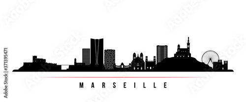 Marseille skyline horizontal banner. Black and white silhouette of Marseille City, France. Vector template for your design.