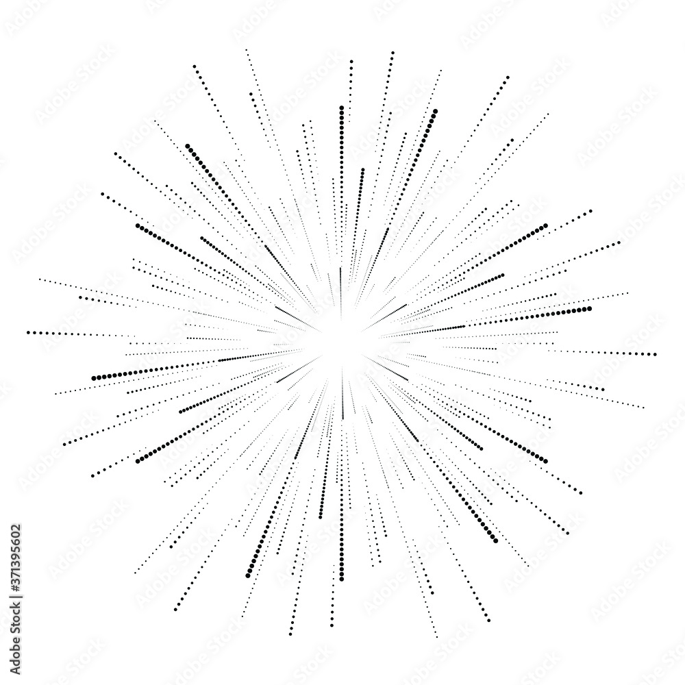 Obraz premium Radial halftone dots in Circle Form for comic books . fireworks Explosion background . Vector Illustration . Starburst round Logo . Circular Design element . Abstract Geometric star rays . Sunburst .