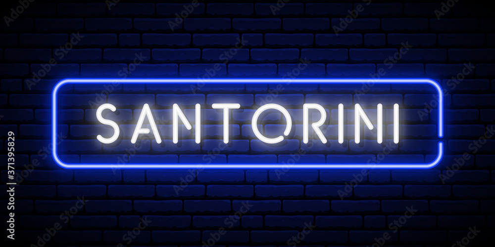 Obraz premium Santorini neon sign. Bright light signboard. Vector banner.