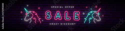 Neon Sale sign. Bright glowing promotion design template. Long horizontal advertising banner or website header with Unicorns. Vector illustration.
