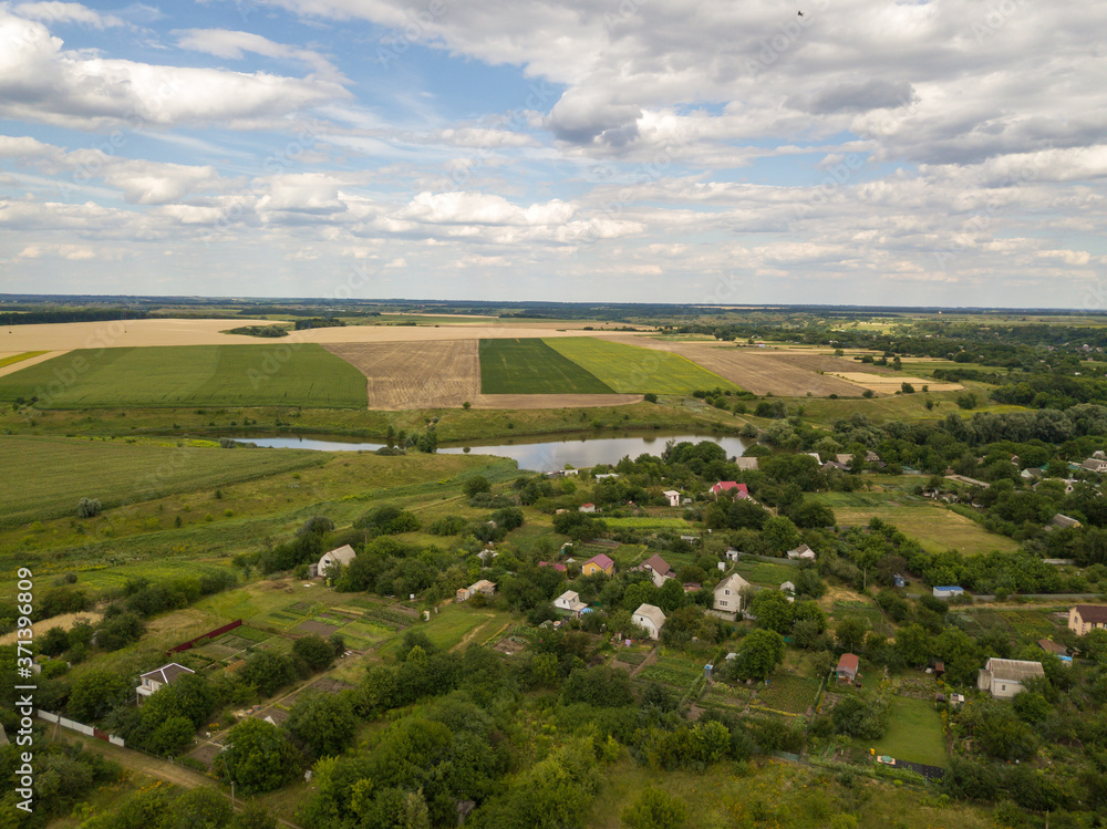 Naklejka premium Aerial drone view. Ukrainian rural landscape.