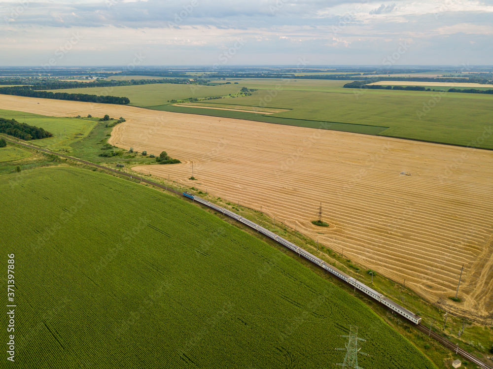 Naklejka premium Aerial drone view. The train passes between the fields.