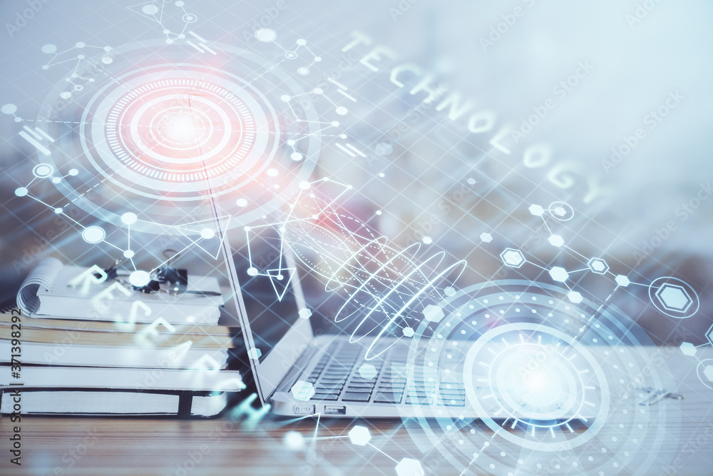 Double exposure of computer and technology theme hud. Concept of innovation. Double exposure of computer and technology theme hud. Concept of innovation.