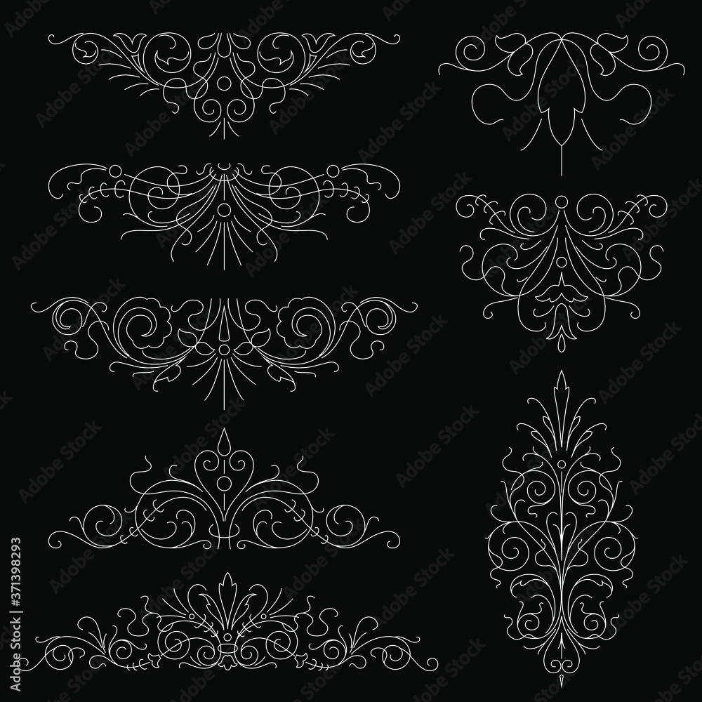 Vector set of calligraphic design elements isolated on black background