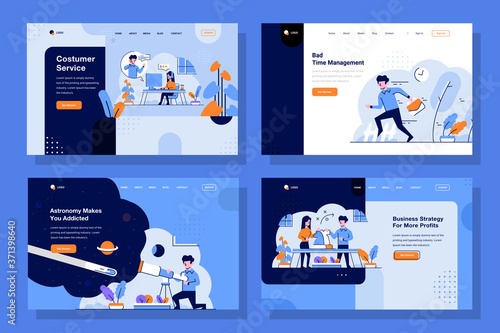 Landing Page vector Illustration flat and outline design style, Customer service, admin, go to work, astronomy, telescope, business tactic, strategies