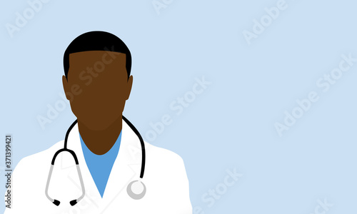 Vector illustration of a black male doctor with stethoscope around neck wearing a white coat and blue scrubs. Man is isolated against a light blue background with blank copy space for text or images.