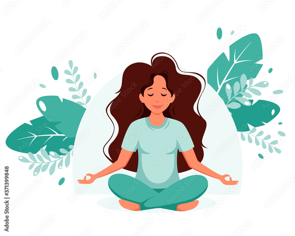 Woman meditating on leaves background. Concept illustration for healthy lifestyle, yoga, meditation, relax, recreation. Vector illustration in flat style.