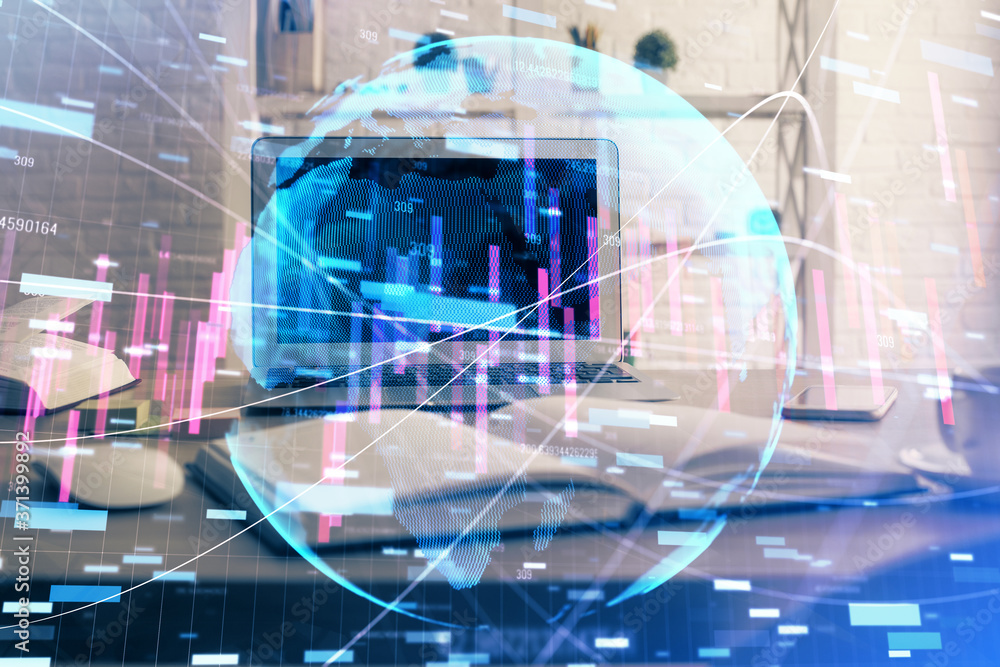 Multi exposure of forex chart and work space with computer. Concept of international online trading. Multi exposure of forex chart and work space with computer. Concept of international online trading.