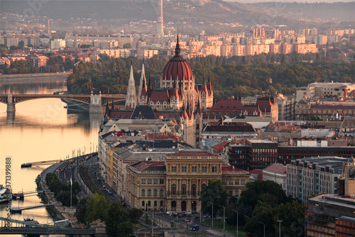 Amazing view about tha Hungarian Parliament and Budapest city. Hungarian scientific Academy's building on the foreground. Margaret bridge and island on the background with old Buda area.