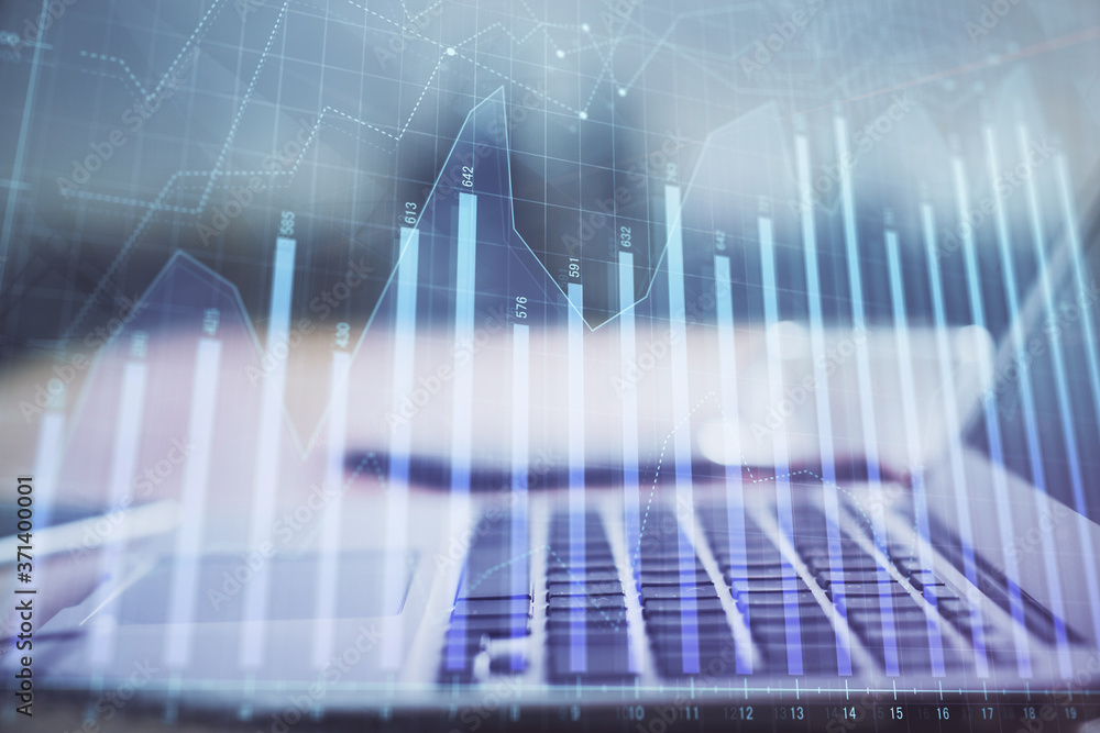 Stock market graph and table with computer background. Multi exposure. Concept of financial analysis. Stock market graph and table with computer background. Multi exposure. Concept of financial analysis.
