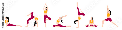 Vector set of a young fit woman practicing various yoga positions. photo