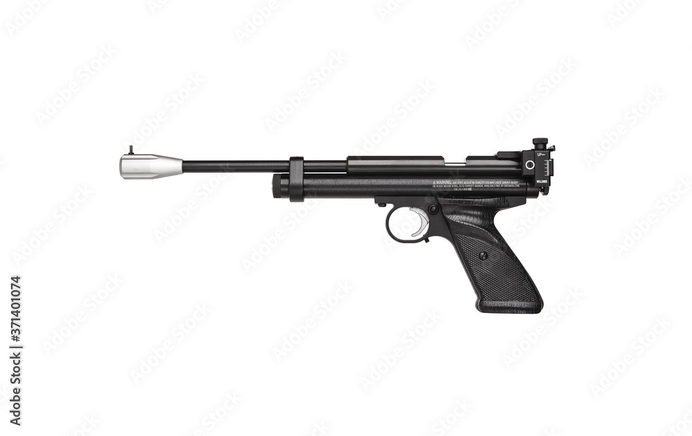 Modern sport air pistol with mechanical sight isolate on white back. Pneumatic guns for grade and entertainment.