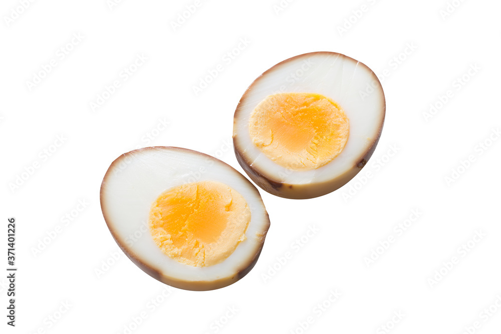 Homemade soy sauce egg half slice isolated on white Homemade soy sauce egg half slice isolated on white