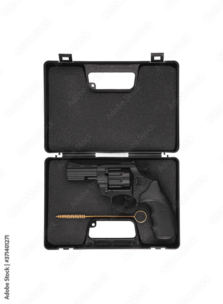 Pistol revolver isolate on a white back. Short-barreled weapon for self-defense. Arming the police and military. Pistol revolver isolate on a white back. Short-barreled weapon for self-defense. Arming the police and military.