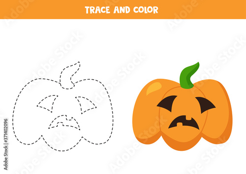 Trace and color cartoon Halloween pumpkins. Handwriting practice.