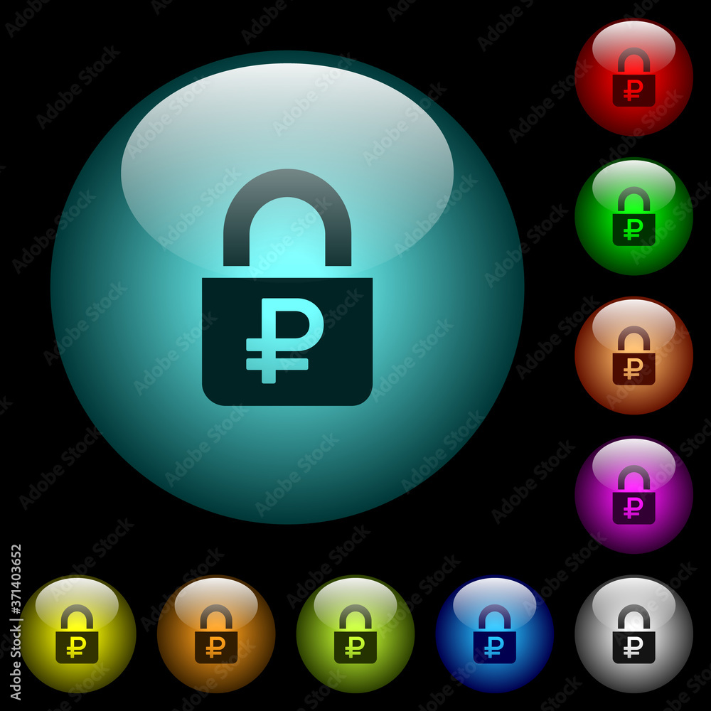 Locked Rubles icons in color illuminated glass buttons