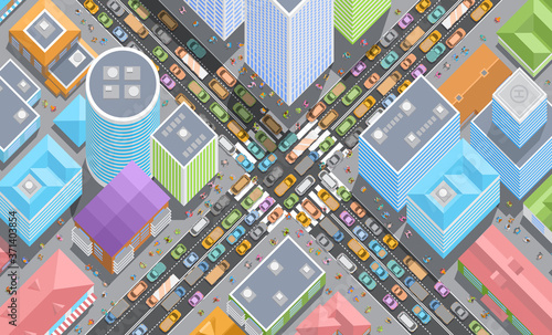 Cityscape. Top view. Traffic jam. View from above.