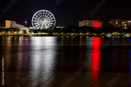 Nightscape view of Brisbane city with famous ferris wheel