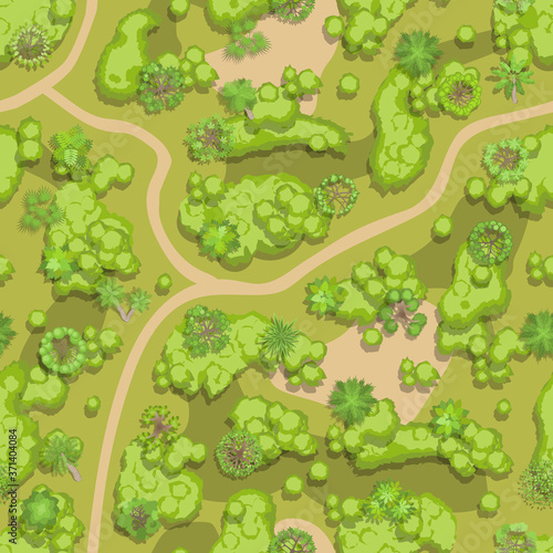 Seamless pattern. Forest top view. Various trees and plants. View from above. 