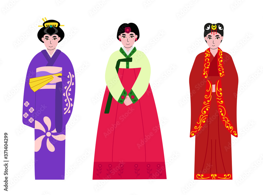 Chinese, Korean and Japanese women in national dress, traditional costume, ethnic clothes. China, South Korea, Japan.  Hand drawn character. Vector flat illustration.