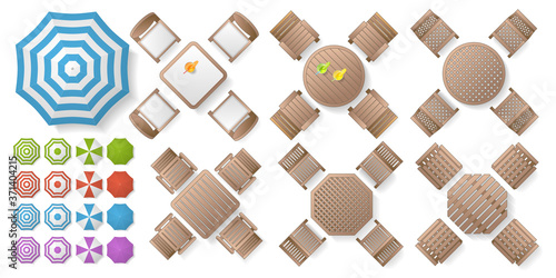 Vector set. Tables with chairs and umbrellas. Top view. Collection of outdoor furniture. View from above.
