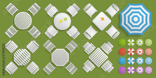 Vector set. Collection of outdoor furniture. Top view.  Tables with chairs and umbrellas. View from above.