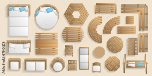 Icons set. Outdoor furniture and patio items. (top view) Isolated Vector Illustration. Tables, benches, chairs, sunbeds, swings. (view from above). 
