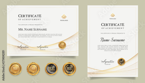 Diploma certificate border template with gold line art and badges