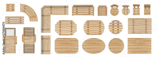 Vector set. Outdoor wooden furniture. (top view) Isolated Vector Illustration. Tables, benches, chairs, sunbeds. (view from above). 