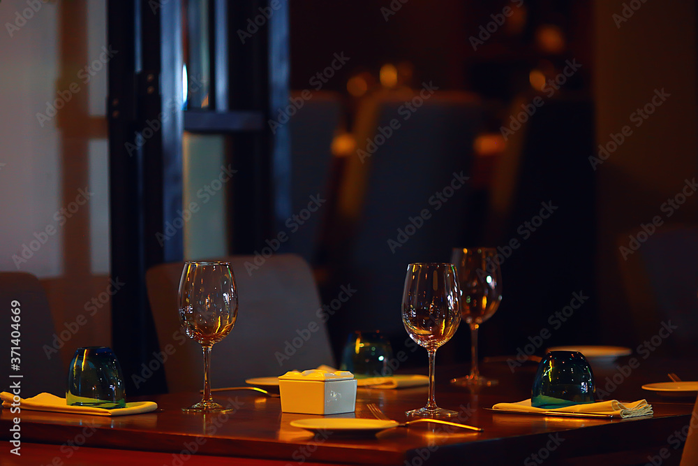 romance dinner restaurant table setting, background in abstract bar table food and wine