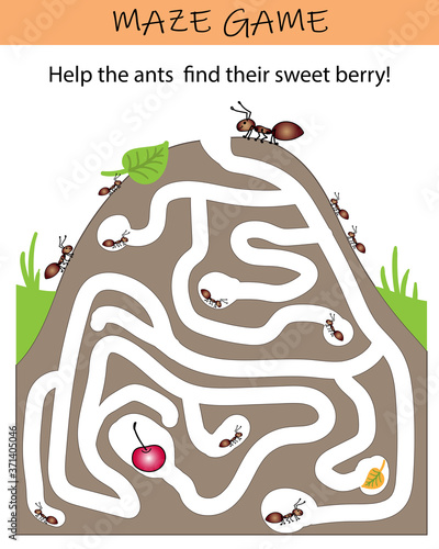 Ant maze puzzle. Educational game for kids. Worksheet for kindergarten, preschool and school.