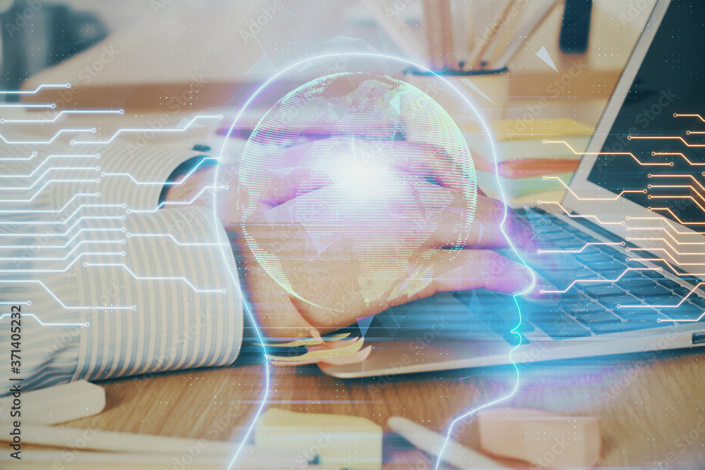 Man typing on keyboard background with brain hologram. Concept of big Data. Double exposure. Man typing on keyboard background with brain hologram. Concept of big Data. Double exposure.