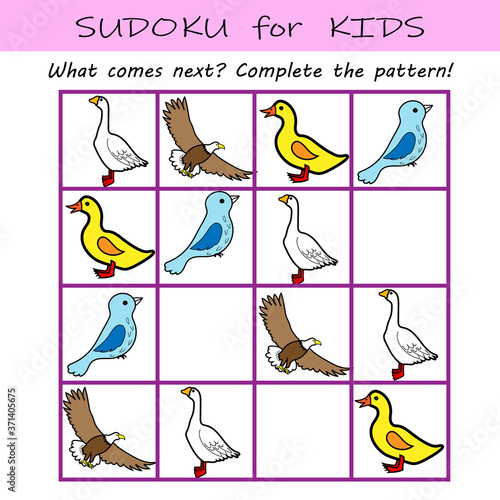 Learning pattern worksheet for kids. Sudoku logical game - What comes next? 