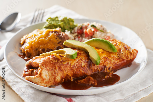 mexican wet burrtio platter with red enchilada sauce, refried beans, rice and gaucamole