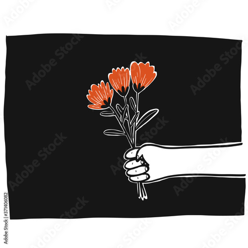 Right arm holding flowers with the black background.