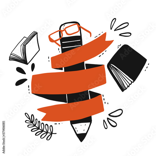 A big pencil with the orange ribbon that can fill in the text.