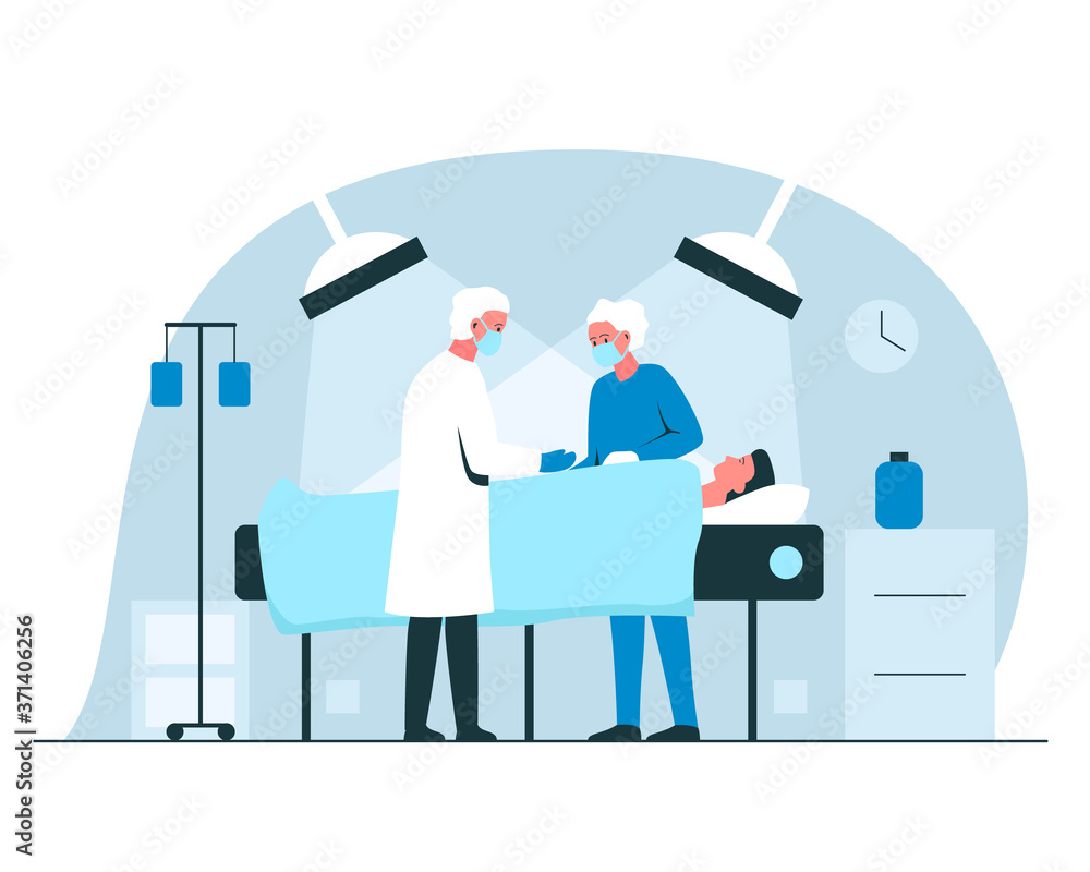 Male surgeon and nurse performing an operation in surgery room in a hospital. Vector concept illustration of a man under the lights anesthetized - obrazy, fototapety, plakaty 