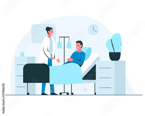 Female doctor talking to a patient in a hospital ward. Friendly doctor cheking on a patient during the hospital round. Vector illustration of a smiling man in bed recovering in hospital ward interior