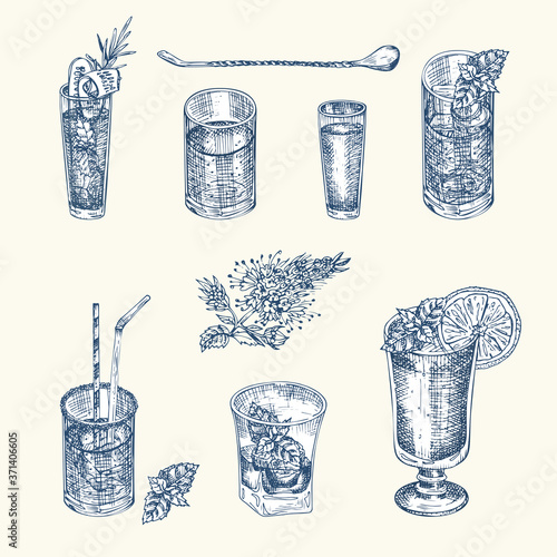 Set hand drawn sketch alcoholic drink glasses Vodka, whiskey, wine Vintage design bar, restaurant, cafe menu on white background Creative template for flyer, banner, poster Engraving style vector art