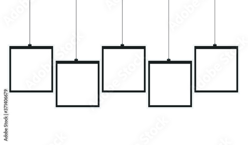 blank white board hanging on rope,hanging photo frames on white background.