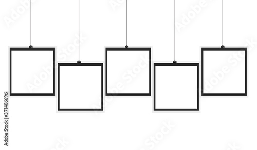 blank white board hanging on rope,hanging photo frames on white background.