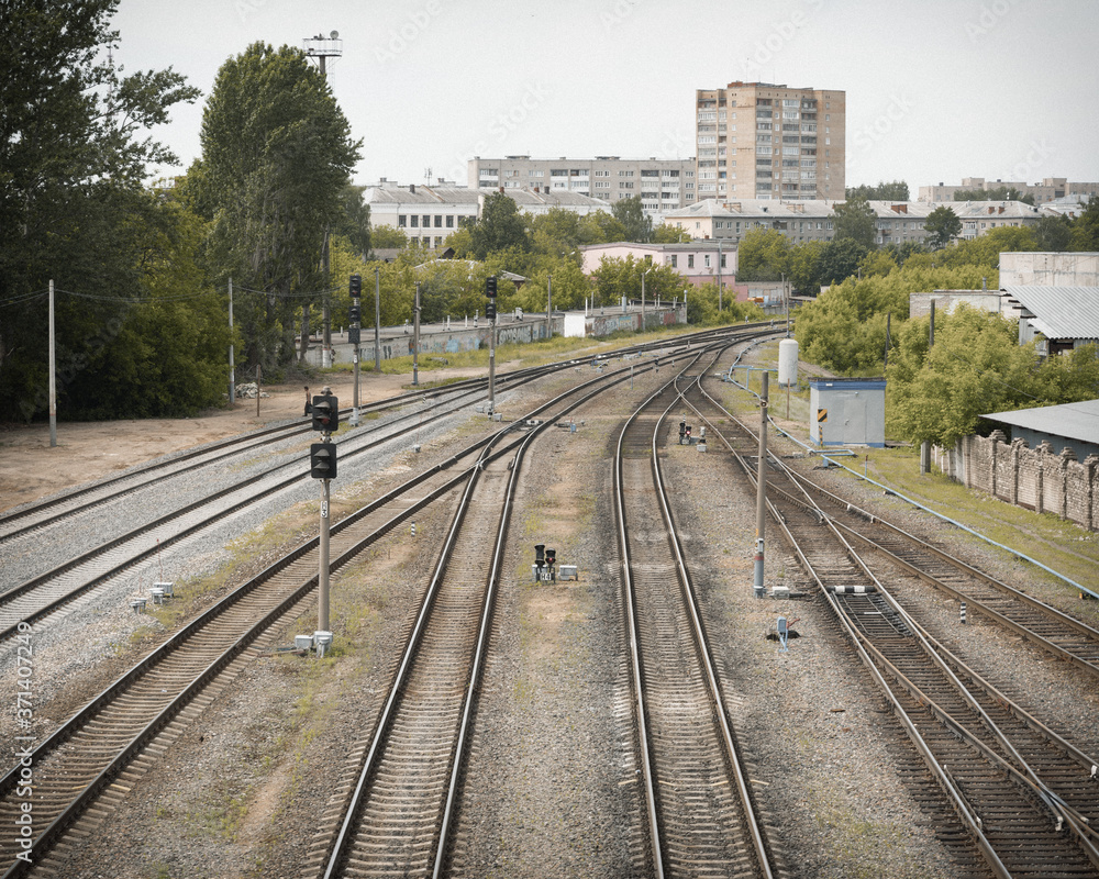 Naklejka premium Branching of railway lines, many railway lines near the station (horizontal)