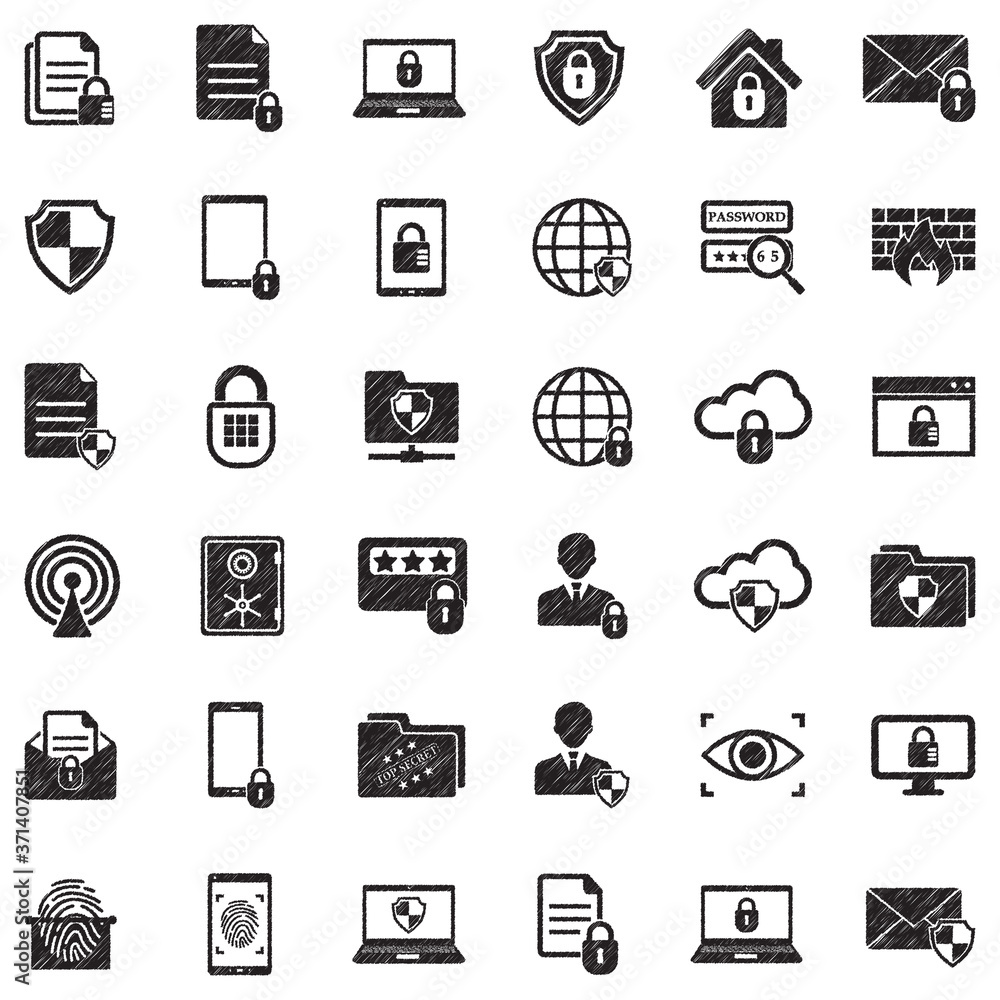 Business Data Protection Technology Icons. Black Scribble Design. Vector Illustration.