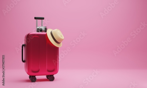 3D rendering Pink, modern travel suitcase, luggage with camera, and a hat on pink color background