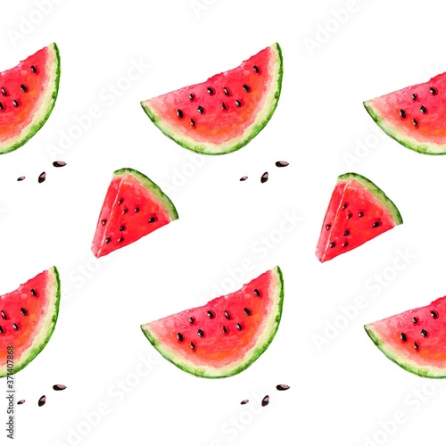 Fototapeta Naklejka Na Ścianę i Meble -  Slices of watermelon isolated on a white background. Painted with acrylic paints. Can be used to create wrapping paper, phone cases, wallpapers, fabrics, fashion prints.