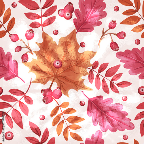 Seamless autumn pattern with leaves.  Colorful background for wallpaper, gift paper, greeting cards, wrapping, textile, print. 